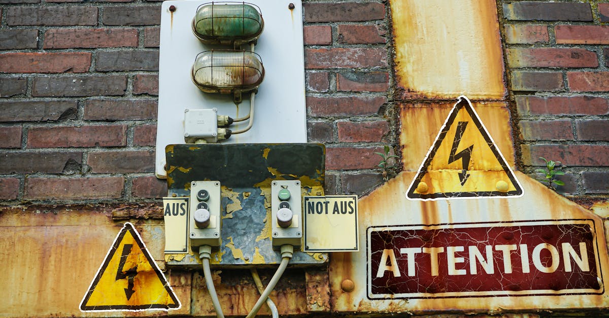 A close-up of an old, rusty warning sign and electrical components on a brick wall conveying caution.